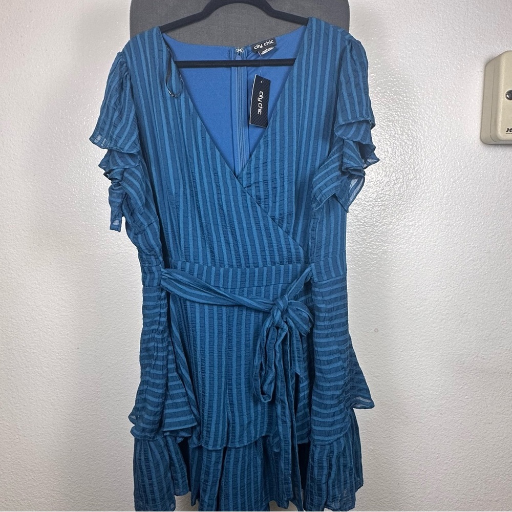 City Chic Blue NET Striped Wrap Jumpsuit 20W